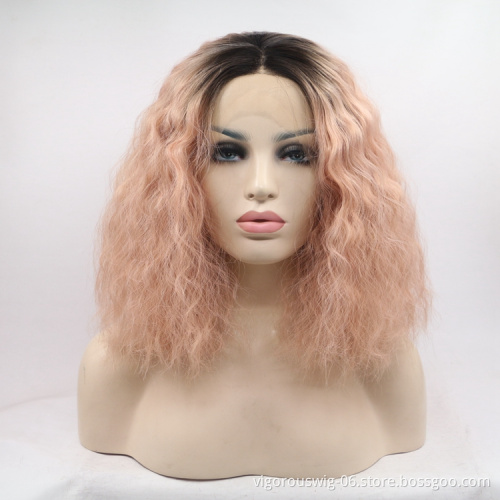 Vigorous ombre short bob premium high quality curly wholesale black women synthetic hair wigs with lace front